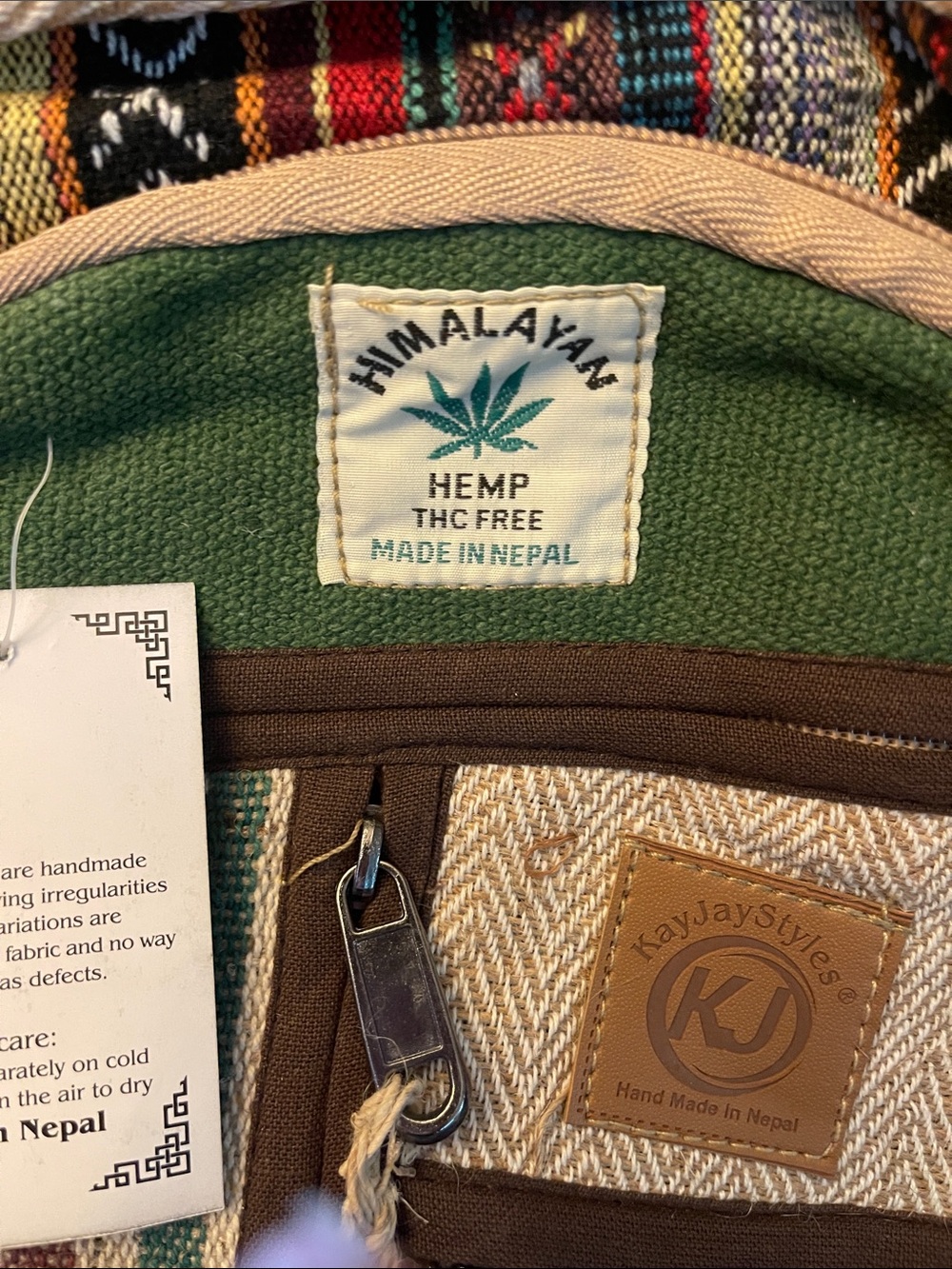 KayJayStyles Handmade Multicolor Hemp Backpack with Green Accent - Picture 3 of 8